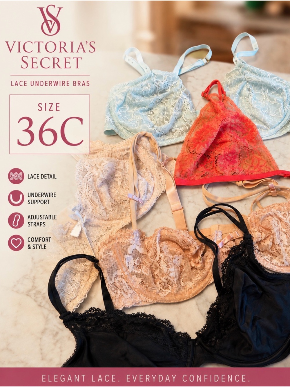 Lot Of 5 VICTORIAS SECRET LINGERIE  UNLINED BRA MESH LACE Size 36C 36 C